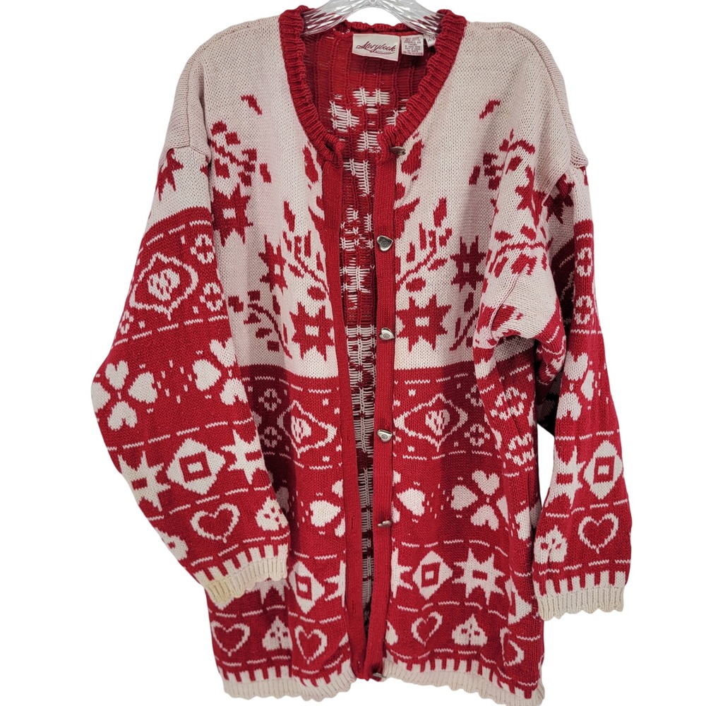 Storybook Heirlooms Vintage Red White Fair Isle Knit Cardigan Sweater Hearts L